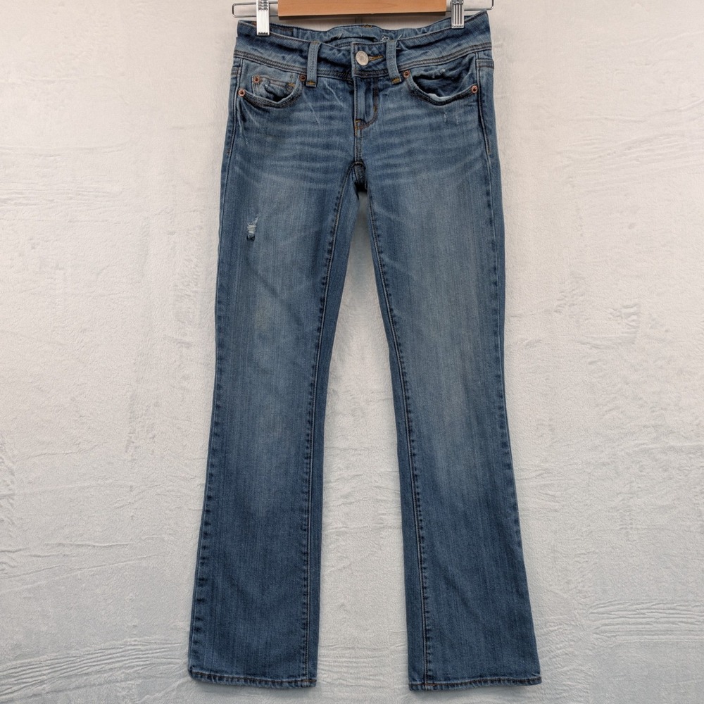 VTG American Eagle Jeans Women's 00 Short Blue Boot Low Rise Stretch McBling Y2K